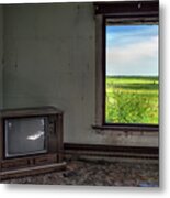Black And White Tv, Color Window - View Of Nd Prairie From Within Living Room Of Abandoned Farm Home Metal Print