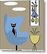 Black Cat In Blue Egg Chair Metal Print