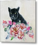 Black Panther With Flowers Metal Print