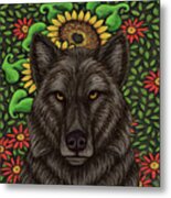 Black Wolf Sunflowers Metal Print