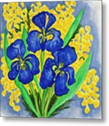 Blue Irises And Mimosa Metal Print