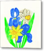 Blue Irises, Narcissus Nd Daffodil Metal Print