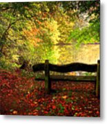 Blue Ridge Mountains Bench At Lake Metal Print