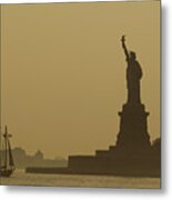 Boat Near Statue Of Liberty, New York Metal Print