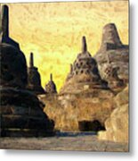 Borobudur Temple Sunset Painterly Style Metal Print