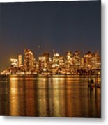 Boston Harbor City Lights And Tall Ship Pano 2 Metal Print