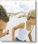 Boy And Father Running On Beach Metal Print