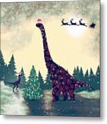 Brontosaurus And Velociraptor Christmas Metal Print