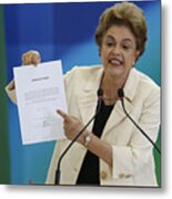 Brazil's former president, Luiz Inacio Lula da Silva, is sworn in as the new chief of staff for embattled President Dilma Rousseff Metal Print