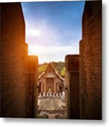 Buddha Temple And Monk In Ayuthaya Historical Park, A Unesco World Heritage Site In Thailand. Metal Print