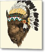 Buffalo With Indian Headdress In Color Metal Print