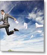 Business Man In Mid Air With Paper Metal Print