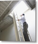 Businessman Climbing Ladder To Roof Metal Print
