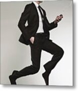 Businessman Listening Music And Jumping, Smiling Metal Print