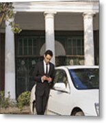 Businessman Reading An Sms On A Mobile Phone , India , Delhi Metal Print