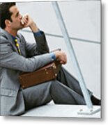 Businessman Sitting On Stairs, Holding Briefcase Metal Print