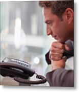 Businessman Staring At Telephone Waiting For It To Ring Metal Print