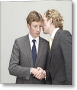 Businessmen Whispering And Shaking Hands Metal Print
