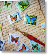 Butterfly Stamps On Old Letters Metal Print
