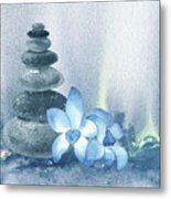 Calm Peaceful Relaxing Zen Rocks Cairn With Flower Meditative Spa Collection Watercolor Art Iii Metal Print