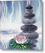 Calm Peaceful Relaxing Zen Rocks Cairn With Flower Meditative Spa Collection Watercolor Art Viii Metal Print