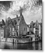 Canal Scenes Of Bruges Belgium Black And White Metal Print