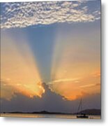 Caribbean Sunset Behind Clouds With Sailboat Metal Print