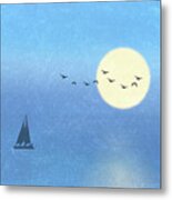 Catamaran Sailing Under A Full Moon On Blue Texture Metal Print