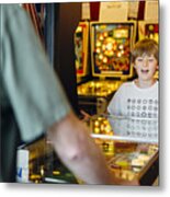 Caucasian Father And Son Playing Game In Arcade Metal Print
