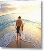 Caucasian Teenage Boy Carrying Surfboard On Beach Metal Print