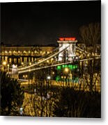 Chain Bridge Lit Up As The Hungarian Flag In Budapest Metal Print