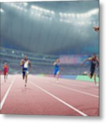 Champion Athlete Wins Sprint Race Competition In Indoor Track Event Metal Print