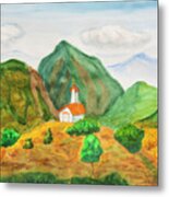 Chapel In Mountains, Watercolor Painting. Metal Print