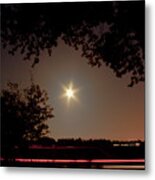 Charming Night Scene With A Star Shaped  Moon Moonscape Moon  Still  Sunset Red Sky And Car Traces Metal Print