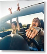 Cheerful Female Friends Going On A Trip In Convertible Car. Metal Print
