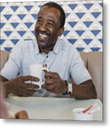 Cheerful Senior Man Holding Mug Of Coffee In Cafe Metal Print