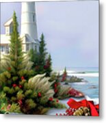 Christmas At The Ocean Lighthouse Metal Print