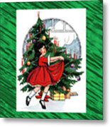 Christmas Girl Dancing Around Xmas Tree Metal Print