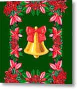 Christmas Poinsettia Golden Bell With Red Bow Watercolor Metal Print