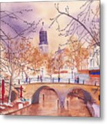 City Scene With Canal And Bridge In The Golden Hour Metal Print
