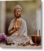 Close Up Of A Buddha Figurine And Smoky Incense With Gong And Amethyst Metal Print
