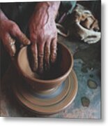 Close-up Of Man Making Pottery Metal Print