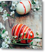 Closeup Of Colorful Painted Easter Eggs And Cherry Blossom Branc Metal Print