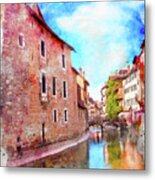 Colorful Canal Scenes Of Old Annecy France Watercolor Metal Print