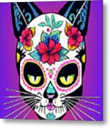 Colorful Cat Sugar Skull Metal Print