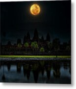 Colorful Moon Over 12th Century Panorama  Angkor Wat Cambodia Metal Print