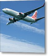 Commercial Aircraft In Flight With Cirrus Cloud In Blue Sky. Aus Metal Print