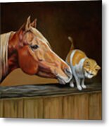 Confidante Chestnut Arabian Horse With Cat Metal Print