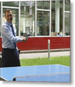 Confident Happy Businessman Playing Table Tennis At Creative Office Metal Print