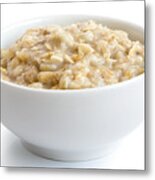 Cooked Whole Porridge Oats In White Ceramic Bowl Isolated On White. Metal Print